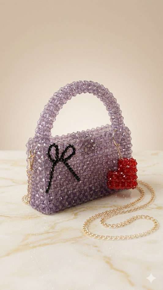 Lavender Beaded Top Handle Bag with Bow and Heart Charms