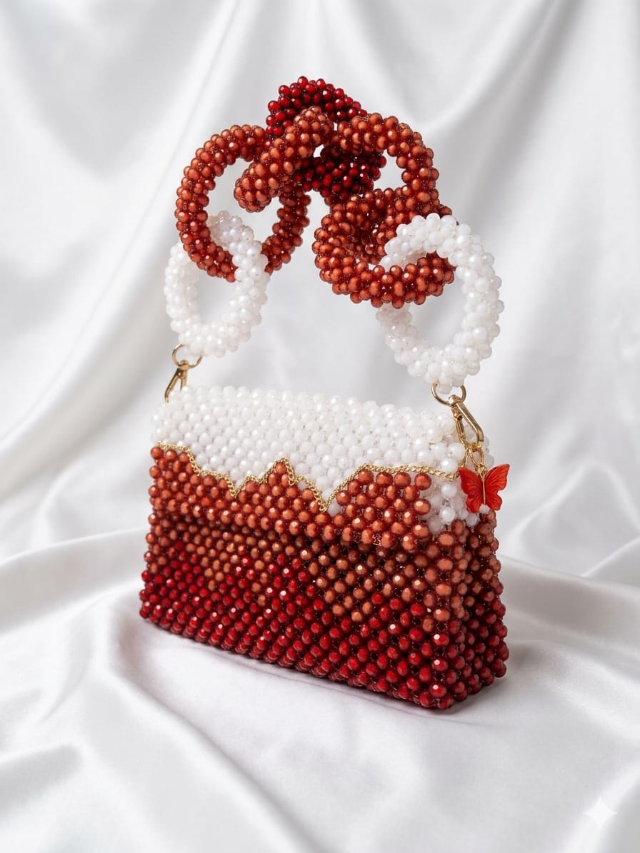Elegant Beaded Crossbody Bag - Red, Brown, and White Shoulder Purse