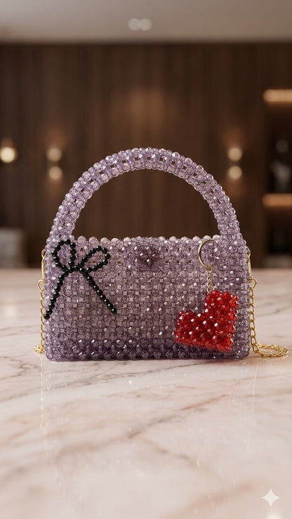 Lavender Beaded Top Handle Bag with Bow and Heart Charms