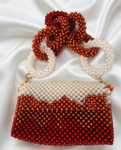 Elegant Beaded Crossbody Bag - Red, Brown, and White Shoulder Purse